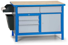 Dielenský pracovný stôl GD, 5 zásuviek, smrek + buková preglejka, 5 zásuviek, 1 skrinka, 1190 x 600 x 850 mm, modrá / sivá