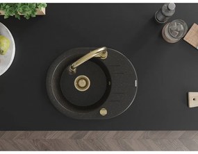 Mexen Kevin, 1-komorový granitový drez 586x458x190 mm a drezová batéria Elia, čierna-zlatá metalíza, 6517-75-670101-50
