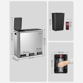 Odpadkový kôš, kôš na separovaný odpad, 54 litrov 3 x 18 L, strieborný