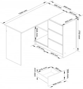 Rohový kancelársky stôl B16 124 cm pravostranný, biely/sonoma