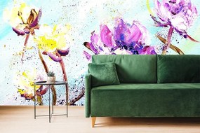 Tapeta maľované fialové a žlté kvety - 225x150