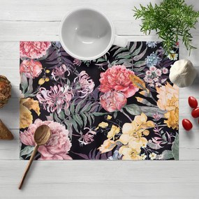 Biante Zamatové prestieranie na stôl Tamara TMR-019 Záhradné kvety na čiernom 30x40 cm