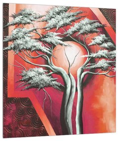 Orientálny červený obraz stromu a slnka (30x30 cm)