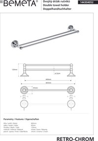 Bemeta Design RETRO chróm: Držiak uterákov, 600 mm, dvojitý - 144304052