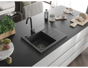 Mexen Ben, 1-komorový granitový drez 600x500x190 mm, ľavý + čierny sifón, čierna škvrnitá, 6522605000-76-B