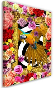 Obraz na plátně Papoušek Barevné květiny Růže - 60x90 cm