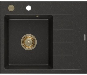 Mexen Ben, 1-komorový granitový drez 600x500x190 mm, ľavý + zlatý sifón, čierna-zlatá metalíza, 6522605000-75-G