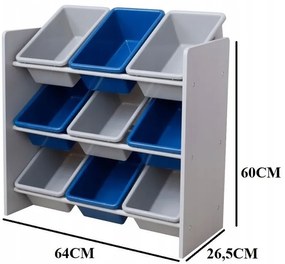 Detský regál na hračky s 9 plastovými boxmi - modro-sivý