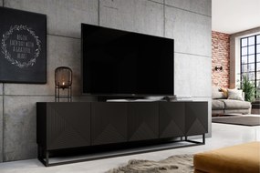 TV skrinka Asha 200 cm s ryhovanými dvierkami a kovovou podnožou - čierny mat