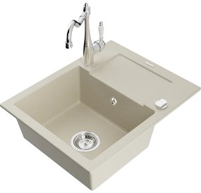 Mexen Enzo, granitový drez 576x465x174 mm, 1-komorový a drezová batéria Carla, béžová, 6506-69-670700-00