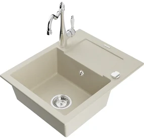 Mexen Enzo, granitový drez 576x465x174 mm, 1-komorový a drezová batéria Carla, béžová, 6506-69-670700-00