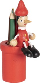 Červený drevený stojan s pastelkami a Pinocchiom - 11 cm