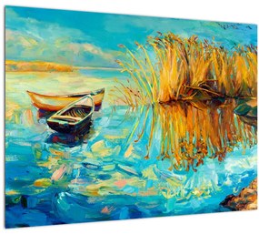 Sklenený obraz - Jazero s loďkami (70x50 cm)