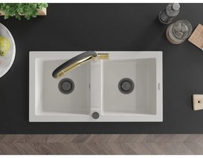 Mexen Mario, granitový drez 820x436x161 mm, 2-komorový a drezová batéria Duo, biela, 6504-20-671701-57-B