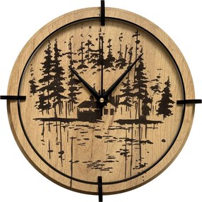 Drevené nástenné hodiny Lesná chatka pri jazere | SENTOP HDF0585-GOLD-OAK