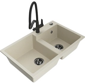 Mexen Tomas, 2-komorový granitový drez 800x500x190 mm a kuchynská batéria Duo, béžová, 6516-69-671701-70-B