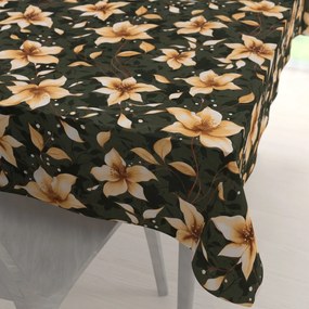 Biante Bavlnený obdĺžnikový obrus Sandra SA-736 Hnedooranžové kvety vanilky na tmavo zelenom 120x140 cm