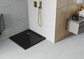 Mexen SLIM - Štvorcová sprchová vanička 90x90x5cm + zlatý sifón, čierna, 40709090G