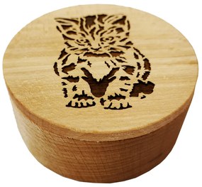 AMADEA Drevená krabička guľatá mačka, masívne drevo, 8 cm, český výrobok