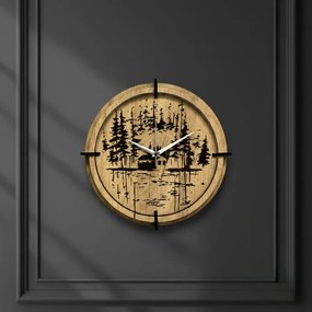 Drevené nástenné hodiny Lesná chatka pri jazere | SENTOP HDF0585-GOLD-OAK