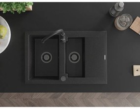 Mexen Gaspar, granitový drez 737x475x177 mm, 1,5-komorový, čierna-strieborná metalíza s čiernym sifónom, 6507731505-73-B