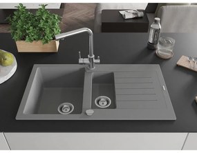 Mexen Matias, granitový drez 900x505x200 mm, 1,5-komorový a chrómová batéria Duero, šedá, 6502-71-671600-00