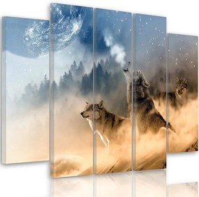 Obraz na plátně pětidílný Vlci Mlžný les Příroda - 200x100 cm