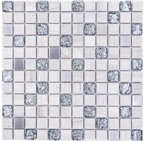 Mozaika z prírodného kameňa štvorcová crystal/kameň/oceľ wood white