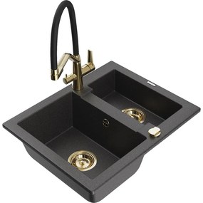 Mexen Carlos, 1,5-komorový granitový drez 582x475x177 mm a drezová batéria Duo, čierna škvrnitá, 6518-76-671701-57-G