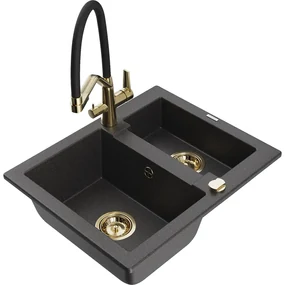 Mexen Carlos, 1,5-komorový granitový drez 582x475x177 mm a drezová batéria Duo, čierna škvrnitá, 6518-76-671701-57-G