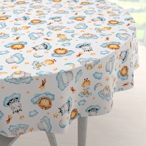 Biante Detský bavlnený okrúhly obrus Sandra SA-693 Africké zvieratká na modrých obláčikoch na bielom Ø 130 cm