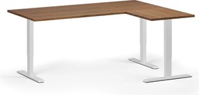 Výškovo nastaviteľný stôl, 180x140 cm, 3 motory, L/P, biela podnož, orech