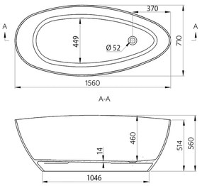 Gelco Gelco, ELIPSIE - vaňa, 1570x700x560mm, liaty mramor, objem 260l, biela lesk, GVEL1570