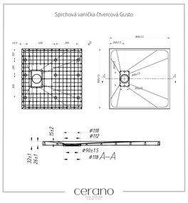 Cerano Gusto, štvorcová sprchová vanička 80x80x3 cm z minerálneho kompozitu, biela, CER-CER-414566