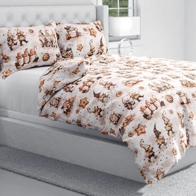 Biante Bavlnené posteľné obliečky Sandra SA-663 Hnedí škriatkovia s perníčkami na bielom Predĺžené 140x220 a 70x90 cm