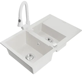 Mexen Gaspar, 1,5-komorový granitový drez 737x475x177 mm a drezová batéria Elia, biela, 6507-20-670101-20