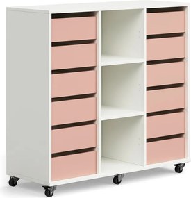 Úložná skriňa CASPER, 12 zásuviek, 3 priehradky, biela, tmavoružová
