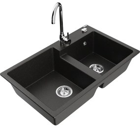 Mexen Tomas, granitový drez 800x500x190 mm, 2-komorový a chrómová batéria Telma, čierna-zlatá metalíza, 6516-75-670200-00