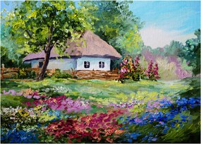 Sklenený obraz - Chalupa (70x50 cm)
