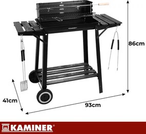 Záhradný gril na drevené uhlie s ražňom, horným roštom a policami