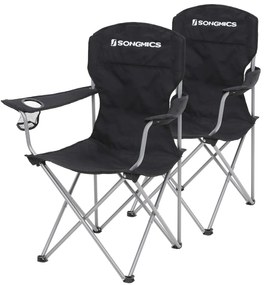 Skladacia kempingová stolička, 2-dielna súprava s držiakom na pohár, čierna