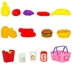 KIK Detský piknikový kôš s pizzou a hamburgerom – farebná plastová hračka s nálepkami 3+