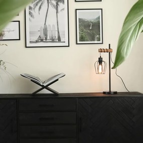 Rustikálna stolná lampa čierna s drevom - Stronk