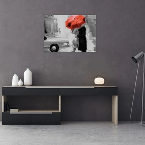 Sklenený obraz - Zamilovaný pár pod dáždnikom, červený (70x50 cm)