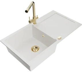 Mexen Leo, drez granitový 900x500x190 mm, 1-komorový a zlatá batéria Duero, biela, 6501-20-671600-50