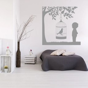 Veselá Stena Samolepka Vtáčik v klietke na strome Farba: šedá, Veľkosť: 60 x 60 cm