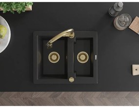 Mexen Carlos, 1,5-komorový granitový drez 582x475x177 mm a drezová batéria Elia, čierna, 6518-77-670101-50