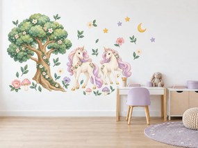 Jednorožce pod kvitnúcim stromom kúzelné nálepky na stenu do izbičky pre dievčatká arch 23 x 46 cm