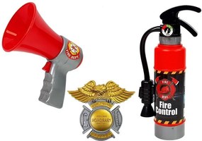 LEAN Toys Hasičská súprava Batoh Svietidlo Hasiaci prístroj Megafón Príslušenstvo Červená