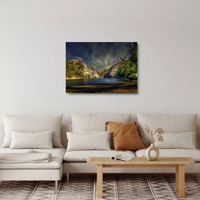 Sklenený obraz krajiny s jazerom (70x50 cm)